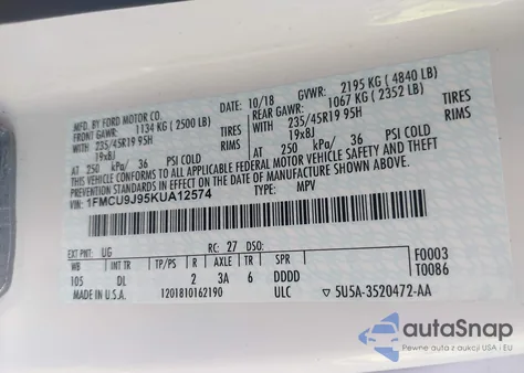 2019 Ford Escape Titanium from USA, damaged, VIN 1FMCU9J95KUA12574